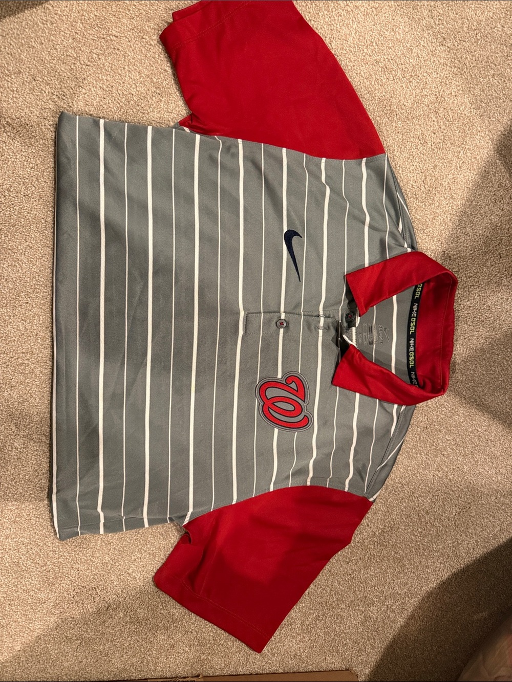 Nike Men’s Gray Striped National’s Polo with Red Sleeves & Collar